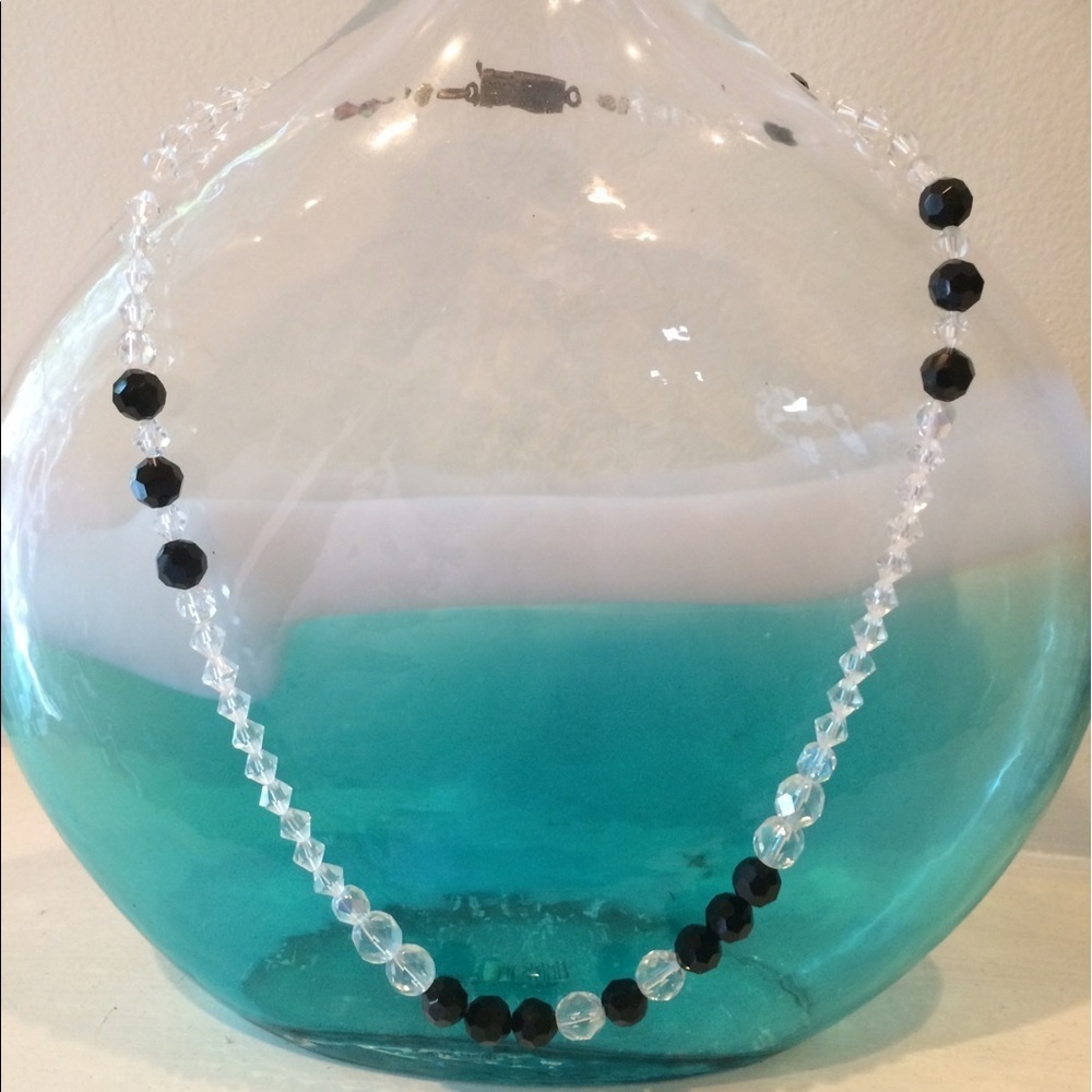 Handcrafted Clear & Black Crystal Necklace with recycled antique clasp
